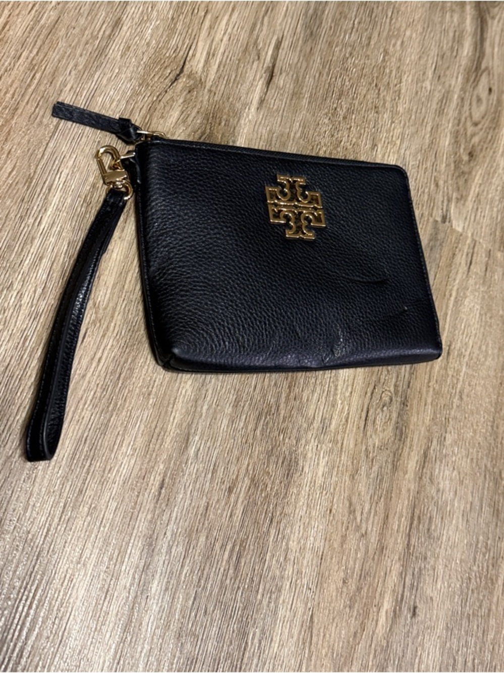 Tory Burch Black Leather Wristlet with Gold Logo Emblem